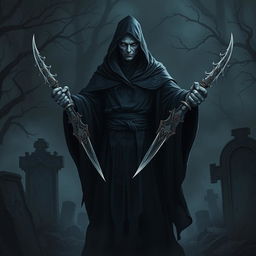 A dark and enigmatic necromancer standing in a shadowy setting, wielding a pair of intricately designed daggers that seem to shimmer with an otherworldly energy