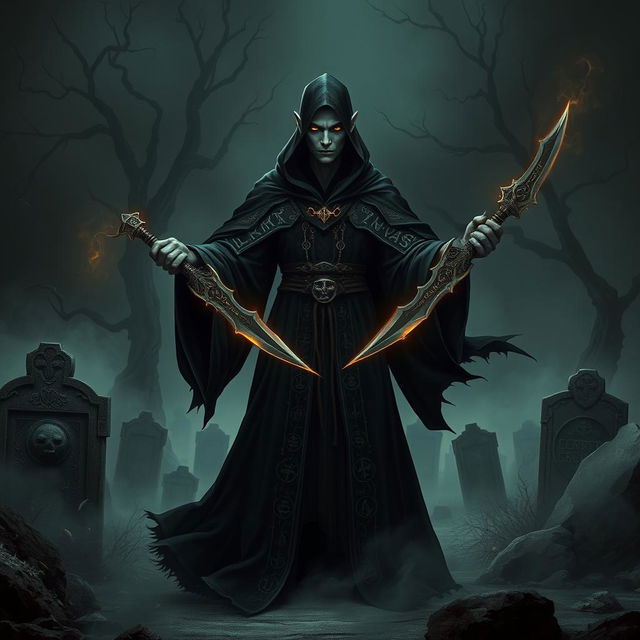 A dark and enigmatic necromancer standing in a shadowy setting, wielding a pair of intricately designed daggers that seem to shimmer with an otherworldly energy