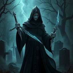 A dark and enigmatic necromancer standing in a shadowy setting, wielding a pair of intricately designed daggers that seem to shimmer with an otherworldly energy