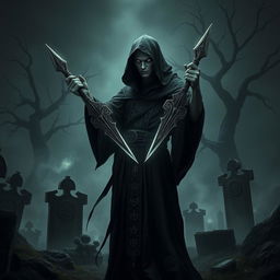 A dark and enigmatic necromancer standing in a shadowy setting, wielding a pair of intricately designed daggers that seem to shimmer with an otherworldly energy