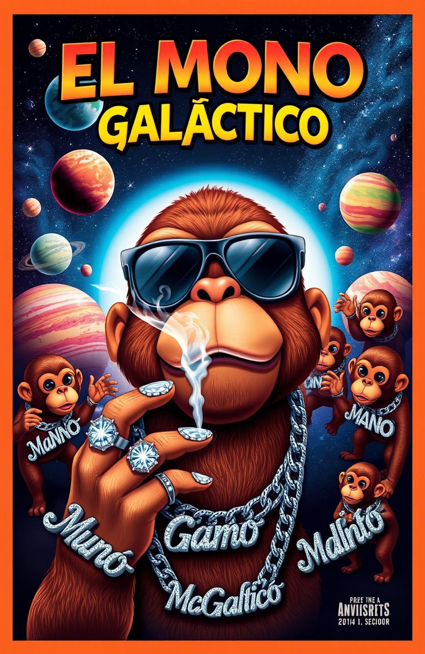 A vibrant and colorful music album cover featuring the artist name 'El Mono Galáctico'