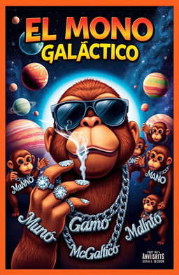 A vibrant and colorful music album cover featuring the artist name 'El Mono Galáctico'