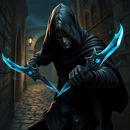 A stealthy and sinister assassin necromancer lurking in a shadowy alleyway, clad in a tight-fitting black hooded cloak that allows for maximum agility