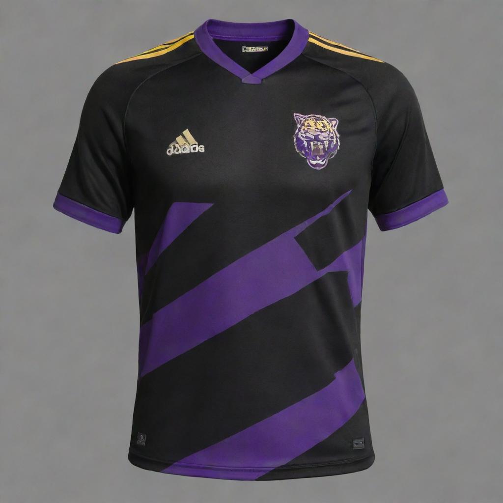 A black soccer jersey with diagonal purple stripes, designed to look as if it's been clawed by a tiger