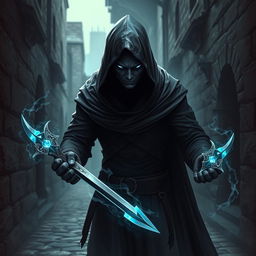 A stealthy and sinister assassin necromancer lurking in a shadowy alleyway, clad in a tight-fitting black hooded cloak that allows for maximum agility