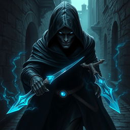 A stealthy and sinister assassin necromancer lurking in a shadowy alleyway, clad in a tight-fitting black hooded cloak that allows for maximum agility