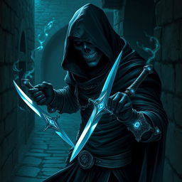 A stealthy and sinister assassin necromancer lurking in a shadowy alleyway, clad in a tight-fitting black hooded cloak that allows for maximum agility