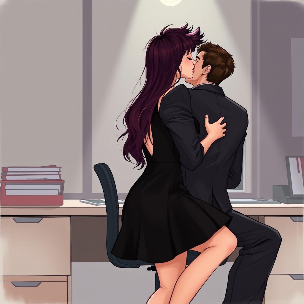 A semi-realistic illustration of two people kissing from a profile view