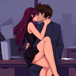 A semi-realistic illustration of two people kissing from a profile view