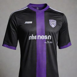 A black soccer jersey with diagonal purple stripes, designed to look as if it's been clawed by a tiger