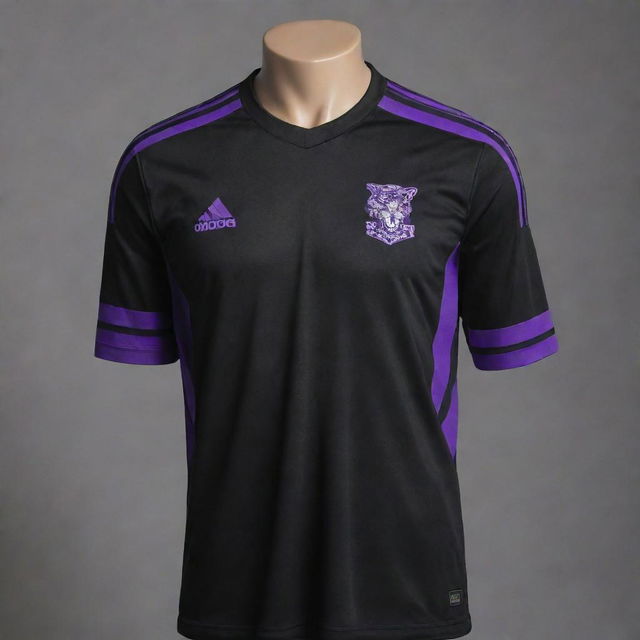 A black soccer jersey with diagonal purple stripes, designed to look as if it's been clawed by a tiger