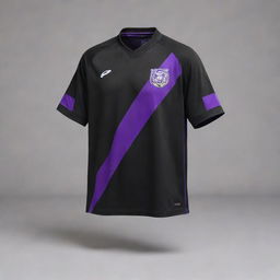 A black soccer jersey with diagonal purple stripes, designed to look as if it's been clawed by a tiger