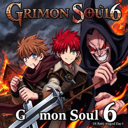 Dark anime cover for "Grimon Soul 6" featuring three 18-year-old boys in an intense battle scene