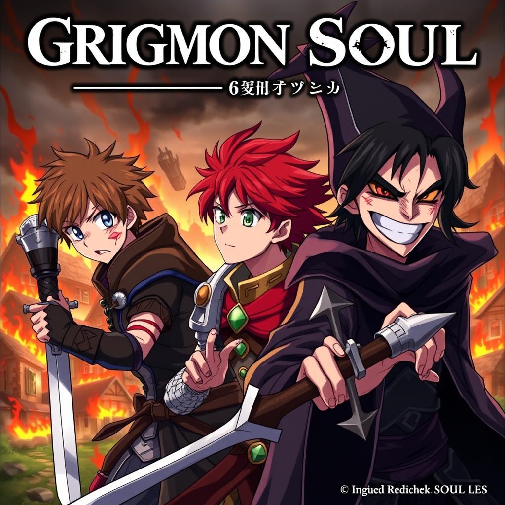 Dark anime cover for "Grimon Soul 6" featuring three 18-year-old boys in an intense battle scene