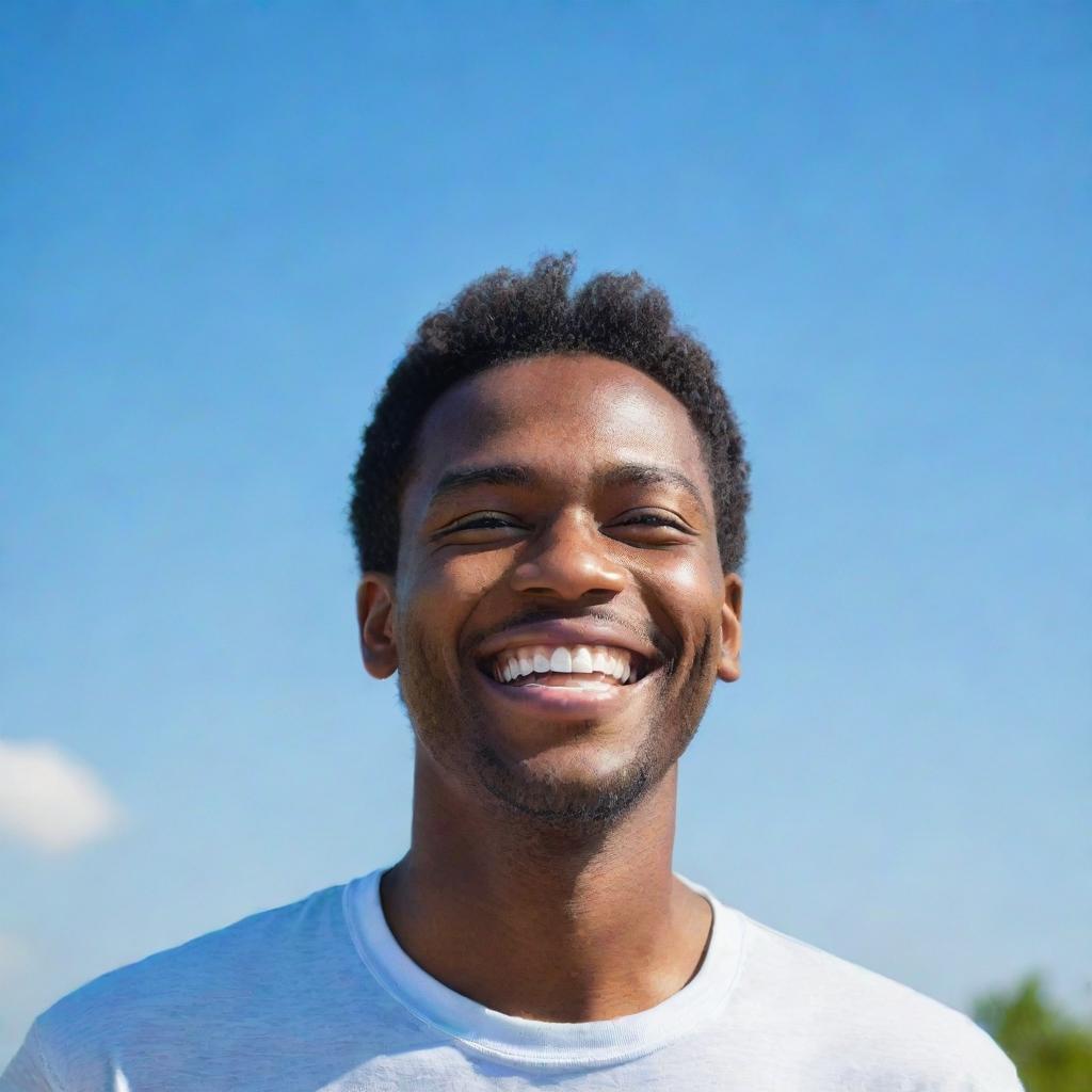 A joyful man with a bright smile, eyes sparkling with happiness under a clear sky.