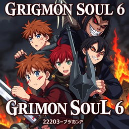 Dark anime cover for "Grimon Soul 6" featuring three 18-year-old boys in an intense battle scene