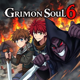 Dark anime cover for "Grimon Soul 6" featuring three 18-year-old boys in an intense battle scene