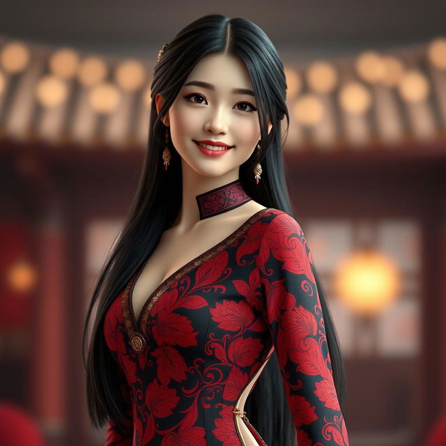 A beautiful Korean girl with long black hair, wearing a form-fitting, elegant red and black batik dress from Indonesia featuring a high slit on the side