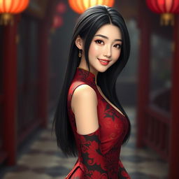 A beautiful Korean girl with long black hair, wearing a form-fitting, elegant red and black batik dress from Indonesia featuring a high slit on the side