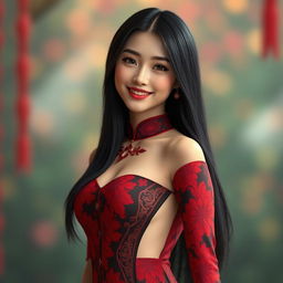 A beautiful Korean girl with long black hair, wearing a form-fitting, elegant red and black batik dress from Indonesia featuring a high slit on the side