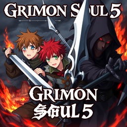 Dark anime cover for "Grimon Soul 5" featuring three 18-year-old boys in a dramatic fantasy battle