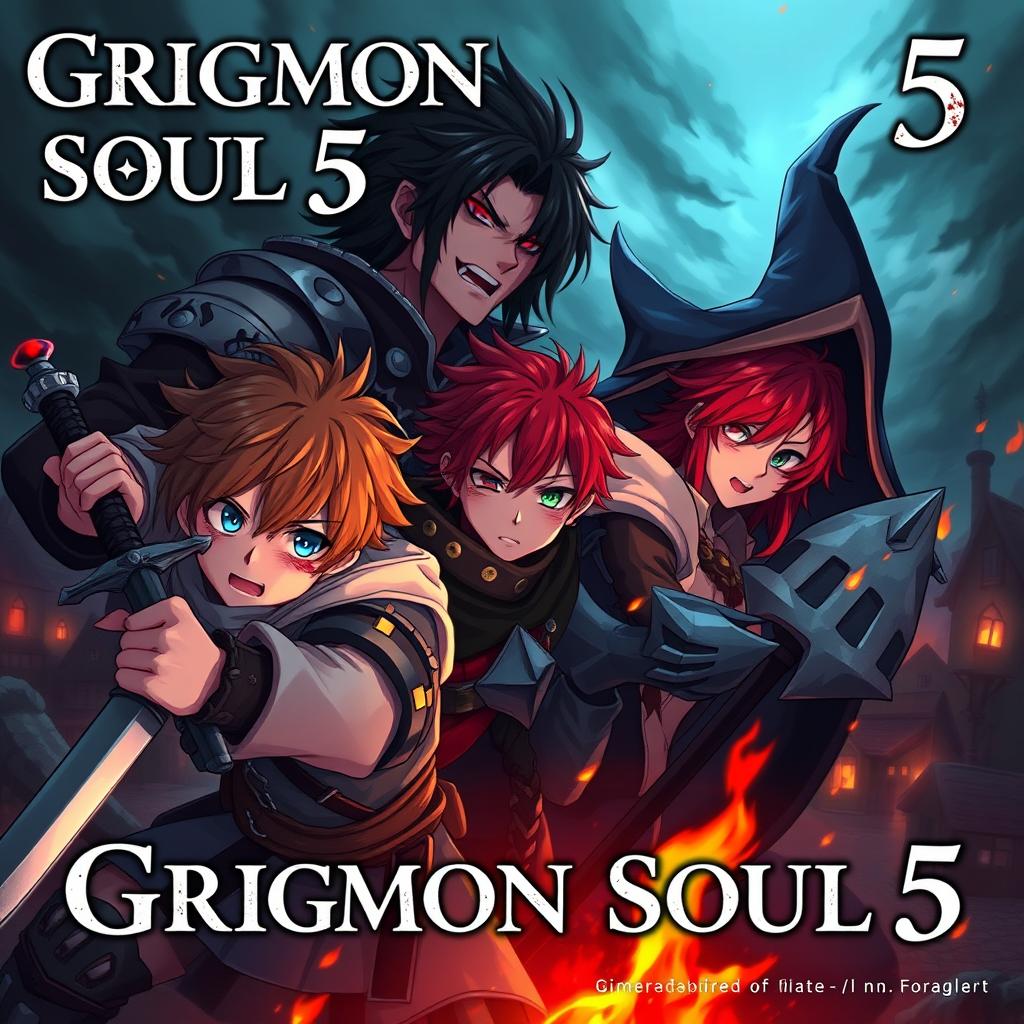 Dark anime cover for "Grimon Soul 5" featuring three 18-year-old boys in a dramatic fantasy battle