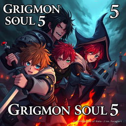 Dark anime cover for "Grimon Soul 5" featuring three 18-year-old boys in a dramatic fantasy battle