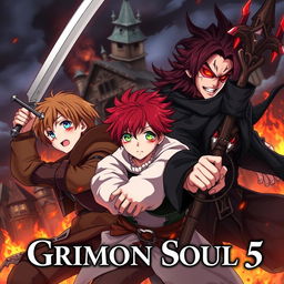 Dark anime cover for "Grimon Soul 5" featuring three 18-year-old boys in a dramatic fantasy battle