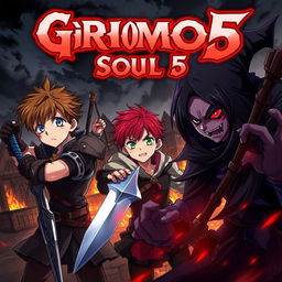 Dark anime cover for "Grimon Soul 5" featuring three 18-year-old boys in a dramatic fantasy battle