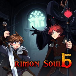 Dark anime cover for "Grimon Soul 5" featuring two 19-year-old boys in a fantasy confrontation