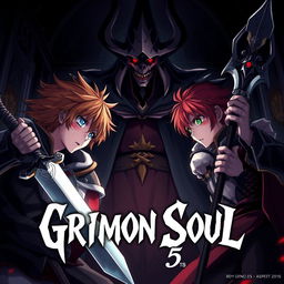 Dark anime cover for "Grimon Soul 5" featuring two 19-year-old boys in a fantasy confrontation