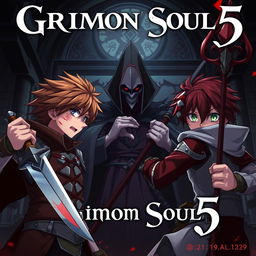 Dark anime cover for "Grimon Soul 5" featuring two 19-year-old boys in a fantasy confrontation