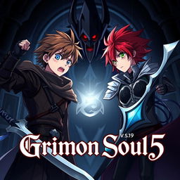 Dark anime cover for "Grimon Soul 5" featuring two 19-year-old boys in a fantasy confrontation