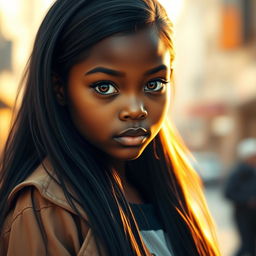 A beautiful dark-skinned girl with unique button-like eyes that are vibrant and expressive