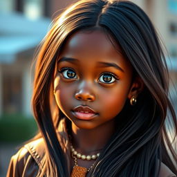 A beautiful dark-skinned girl with unique button-like eyes that are vibrant and expressive