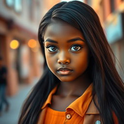 A beautiful dark-skinned girl with unique button-like eyes that are vibrant and expressive