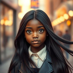 A beautiful dark-skinned girl with unique button-like eyes that are vibrant and expressive