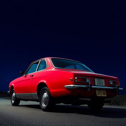 A vintage Japanese car from the 1970s parked in profile on a quiet road