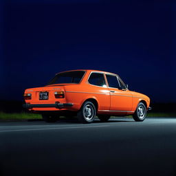 A vintage Japanese car from the 1970s parked in profile on a quiet road