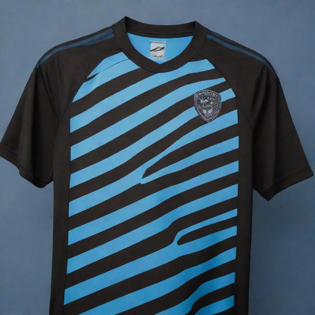 A black soccer jersey with light blue diagonal stripes, designed to resemble claw marks