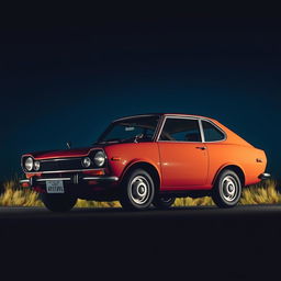 A vintage Japanese car from the 1970s parked in profile on a quiet road