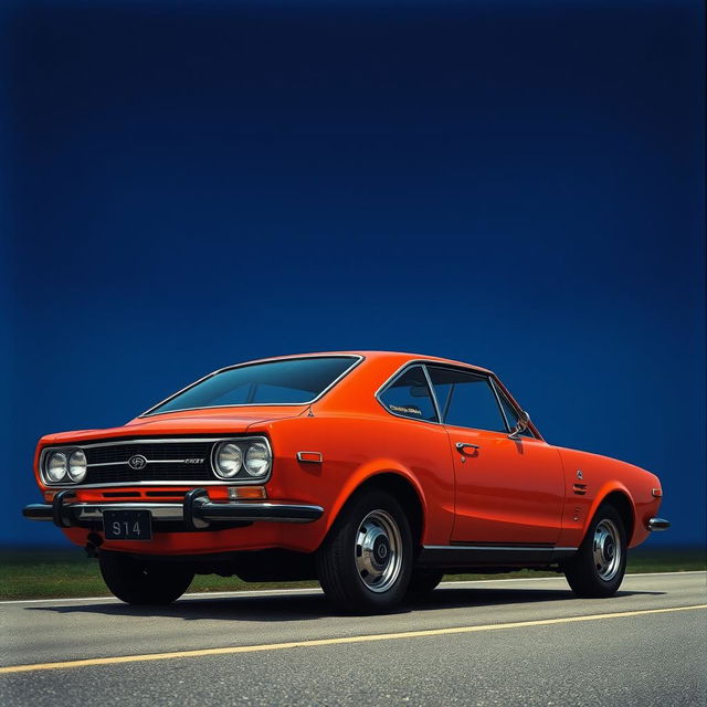 A vintage Japanese car from the 1970s parked in profile on a quiet road