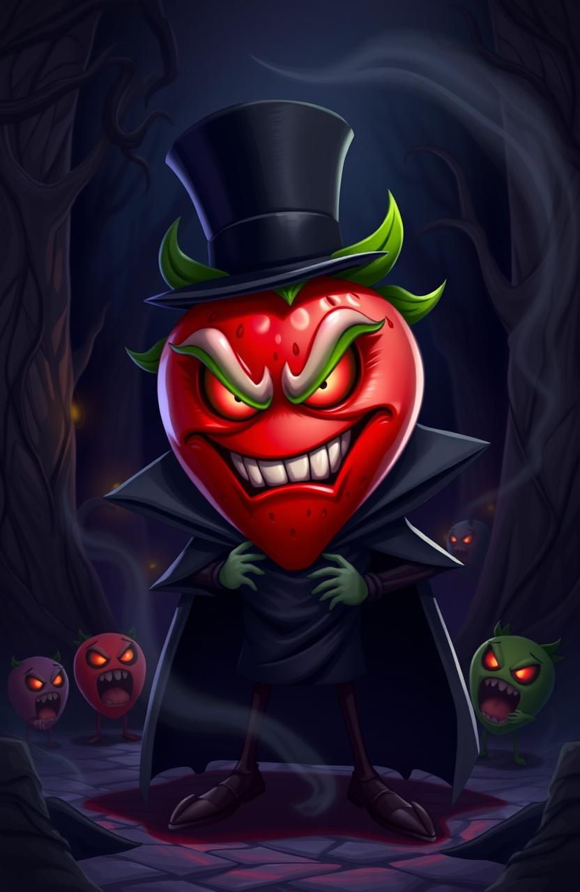 A menacing strawberry character with a dark, twisted grin, wearing a sleek black cloak and a top hat