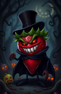 A menacing strawberry character with a dark, twisted grin, wearing a sleek black cloak and a top hat