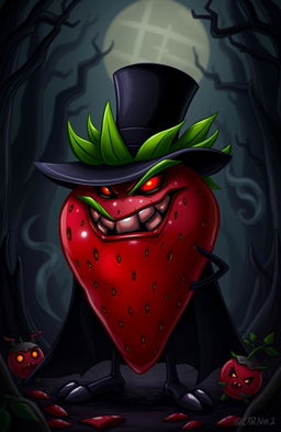 A menacing strawberry character with a dark, twisted grin, wearing a sleek black cloak and a top hat