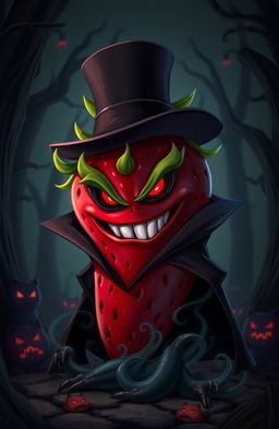 A menacing strawberry character with a dark, twisted grin, wearing a sleek black cloak and a top hat