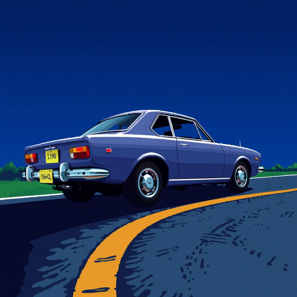 A classic Japanese car from the 1970s, parked in profile on the road, showcasing its vintage design with smooth curves and chrome details