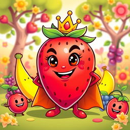 A playful, cartoonish villain strawberry character with a mischievous smile, wearing a colorful cape and a tiny crown