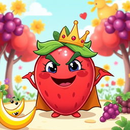 A playful, cartoonish villain strawberry character with a mischievous smile, wearing a colorful cape and a tiny crown