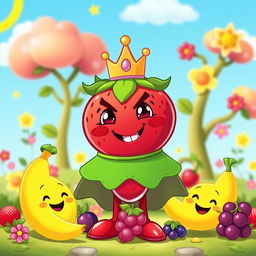 A playful, cartoonish villain strawberry character with a mischievous smile, wearing a colorful cape and a tiny crown